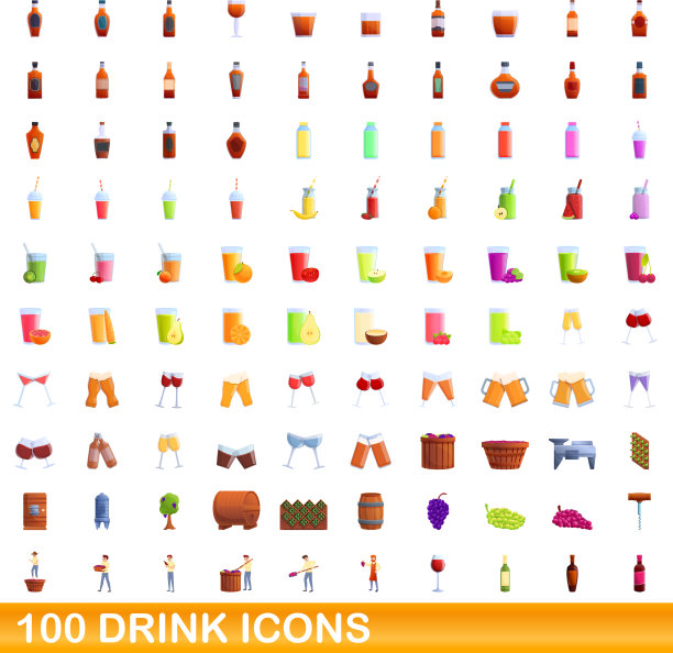 100个饮料图标设置卡通风格图片下载