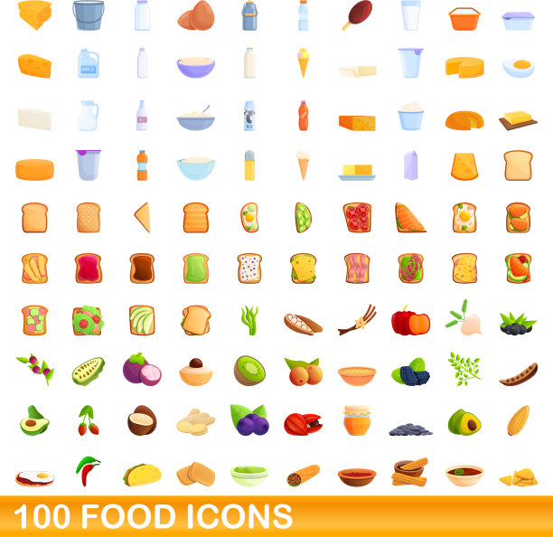 100个食物图标设置卡通风格图片下载