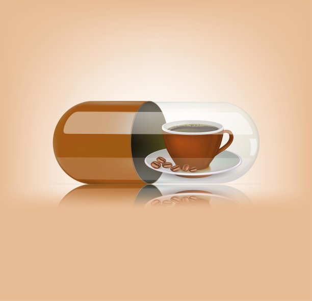 医学棕色胶囊与咖啡杯在棕色背景。矢量图图片下载