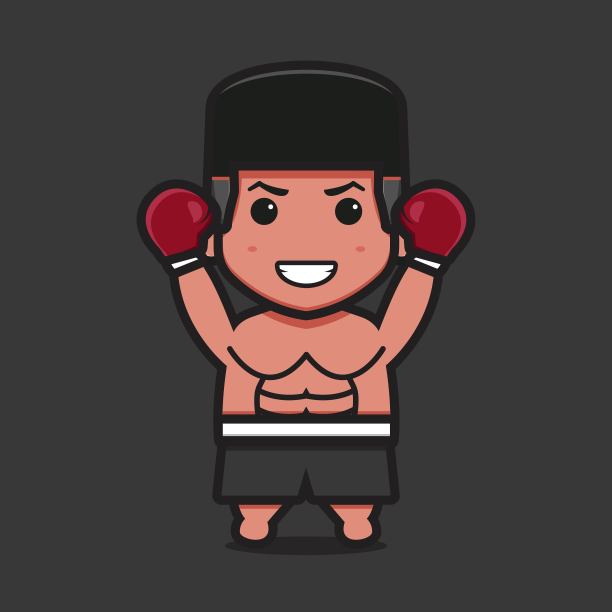 可爱的拳击手人物与胜利者的姿势卡通矢量图标插图。图片下载