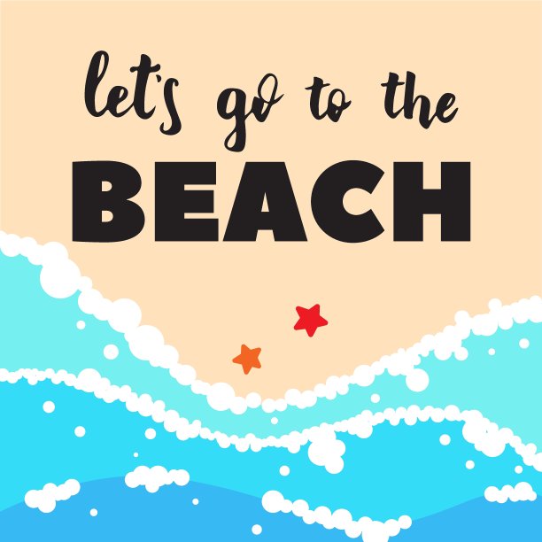 让我们一起去海边，用海浪写美丽的字。手绘报价与热带海滩的背景视图。天堂度假或旅游概念。平面卡通矢量插图图片下载