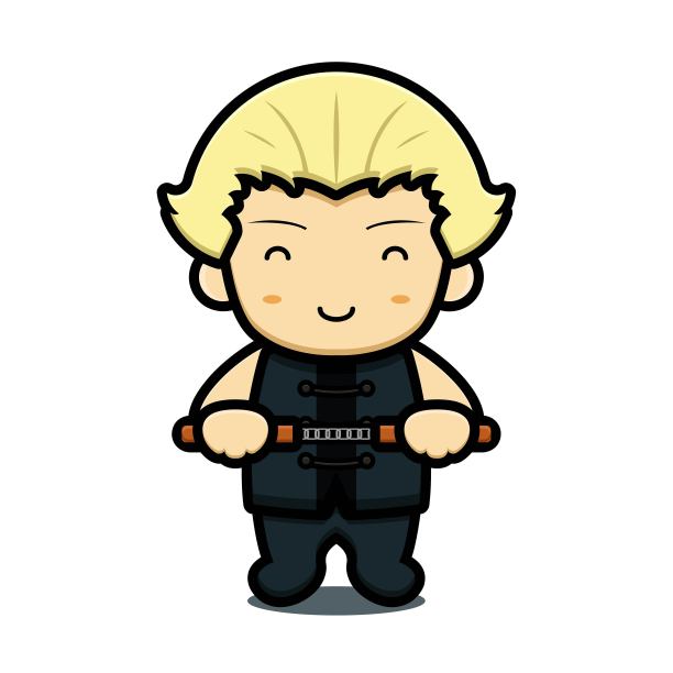可爱的男孩武术吉祥物人物持有链棒矢量卡通图标插图图片下载