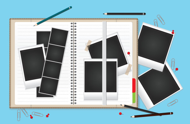 矢量插图一套空白的复古相框为您的照片。一个空白的打开的笔记本。图片下载