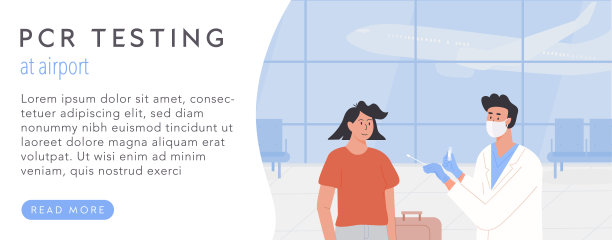 机场网页横幅模板的PCR检测。旅行的概念与适合飞行证书。出发前进行冠状病毒检测。一名戴面罩的男医生从旅客身上取鼻拭子样本。图片下载