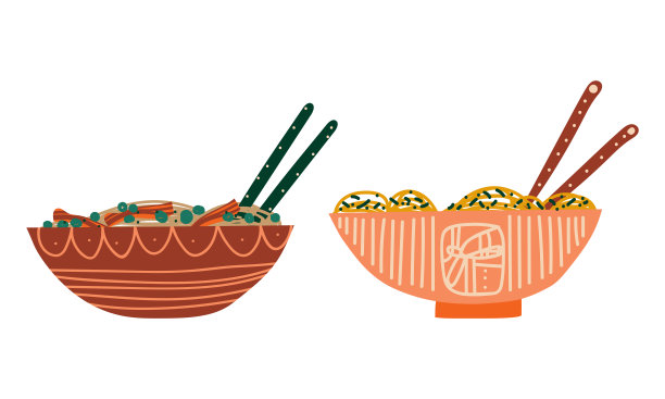 炒面准备乌冬面在陶瓷碗矢量集图片下载