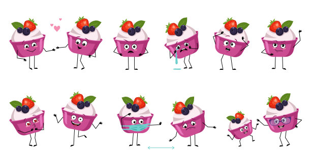 一组可爱的蛋糕或酸奶人物与情感图片下载