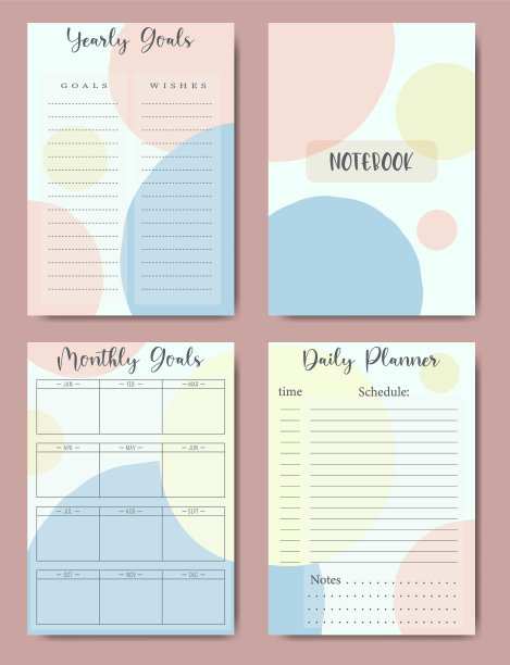 一套极简的计划页与抽象封面。年，月，日计划模板。空白笔记本页面。业务和时间管理。纸张a4。矢量插图。图片下载