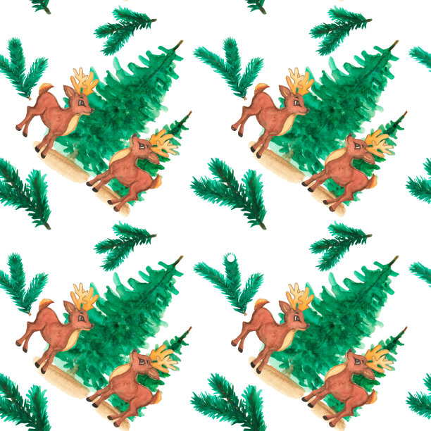 水彩手绘圣诞背景。小鹿。无缝模式与鹿，杉树的背景。新年无缝图案。图片下载