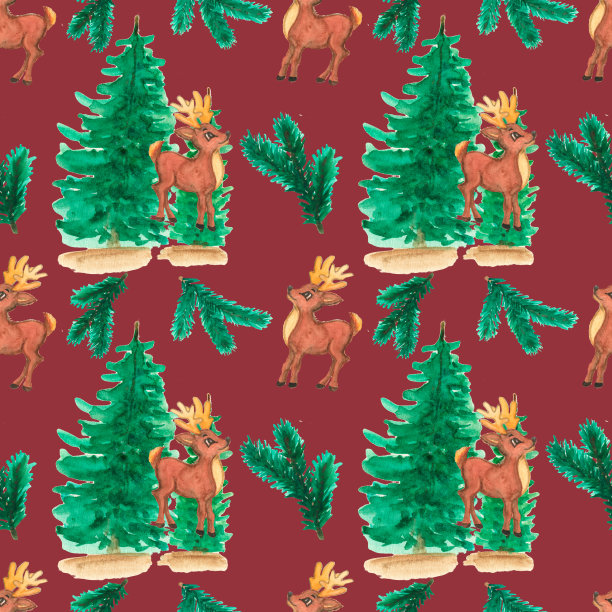 水彩手绘圣诞背景。小鹿。无缝模式与鹿，杉树的背景。新年无缝图案。图片下载