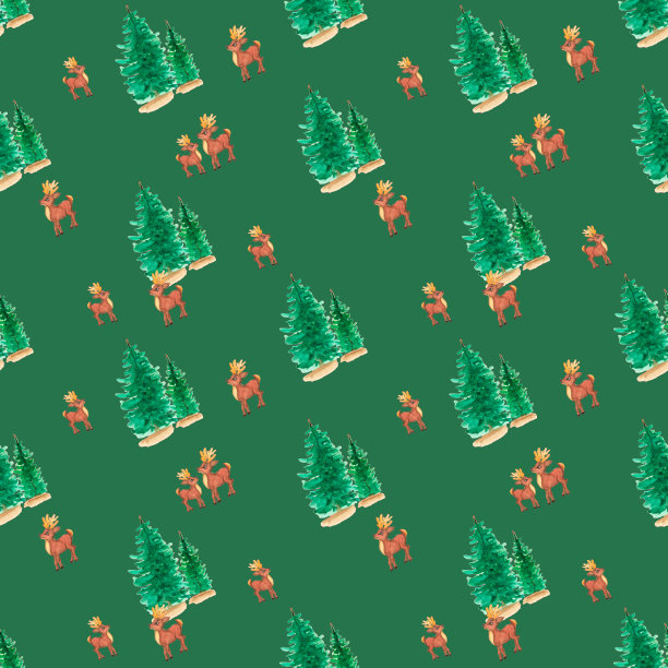 水彩手绘圣诞背景。小鹿。无缝模式与鹿，杉树的背景。新年无缝图案。图片下载