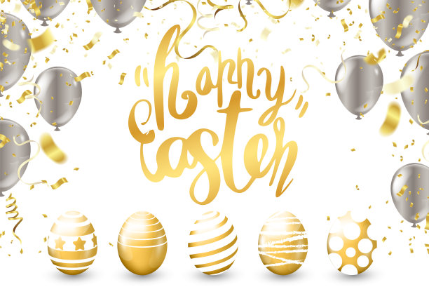 复活节快乐横幅上有金属金蛋和图片下载