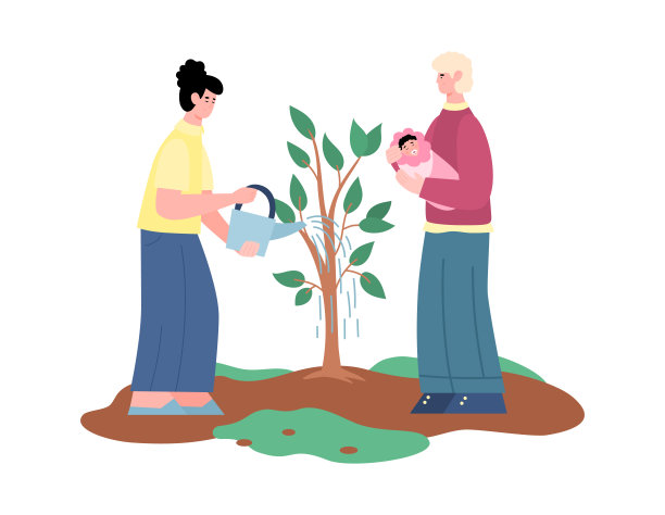 幸福的家庭夫妇与新生婴儿植物树一个平面矢量插图。图片下载