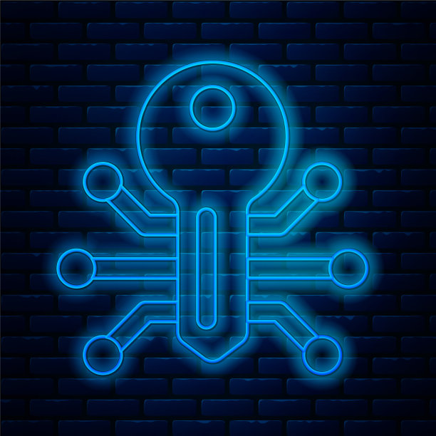 发光的霓虹灯线智能键图标隔离在砖块上图片下载
