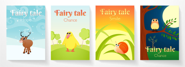 童话书的封面。以有趣的动物作插图:雪中的麋鹿，草地上的小鸭子，草叶上的小蜗牛，夜林中的猫头鹰图片下载