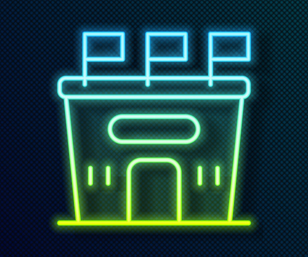 发光的霓虹灯线足球体育场图标孤立在黑色背景。足球领域。向量图片下载