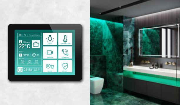 智能家居触摸屏设备的家庭控制与简单的概念应用程序设计。现代室内图片下载