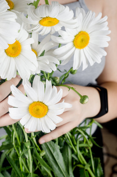 穿着灰色连衣裙的女孩手里拿着一束白色雏菊图片下载