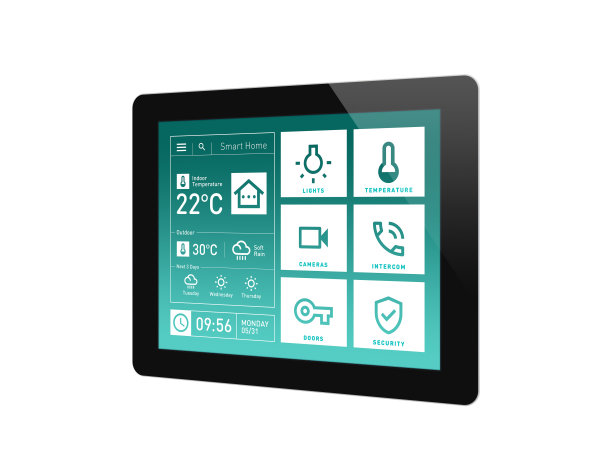 智能家居触摸屏设备的家庭控制与简单的概念应用程序设计。摄氏温度系统。剪切路径孤立。图片下载