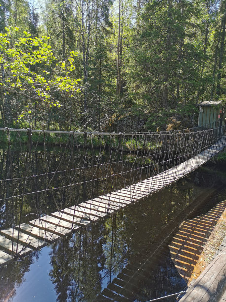 一个阳光明媚的夏日早晨，在卡累利阿的托赫马杰基河上的一座吊桥，这里曾拍摄过许多电影。图片下载