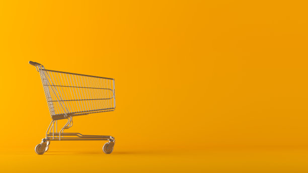 把一个空的购物篮停在黄色的背景上，有复印的空间。主题商店和购物，3d渲染。图片下载