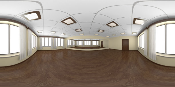 空荡荡的舞厅，镶木地板和黄色的墙壁360度全景图片下载