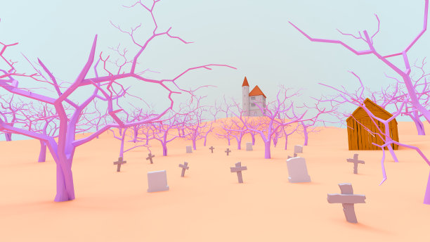 一个有枯树和背景的墓地，一个在山上的城堡背景，3d渲染。图片下载