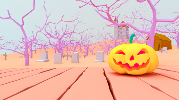 南瓜带着笑脸装饰在木板上，以墓地为背景，3D渲染。图片下载