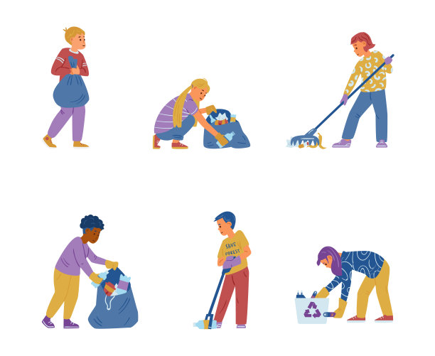 向量集的儿童志愿者清洁一条街图片下载