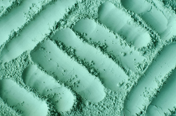 绿色化妆粘土粉(海带面膜、螺旋藻体贴)质地近距离，选择性聚焦。抽象的背景。图片下载