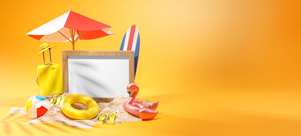 相框模型夏季横幅设计黄色背景3D渲染图片下载