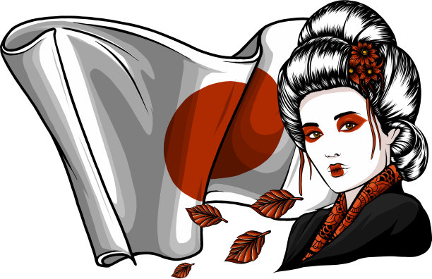 美丽的艺妓用树叶和日本国旗图片下载