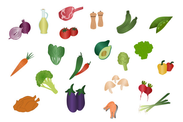 蔬菜和食物的图标设置豌豆，西红柿，茄子，胡萝卜，鳄梨，花椰菜，洋葱，辣椒，鱼，肉和鸡肉。图片下载