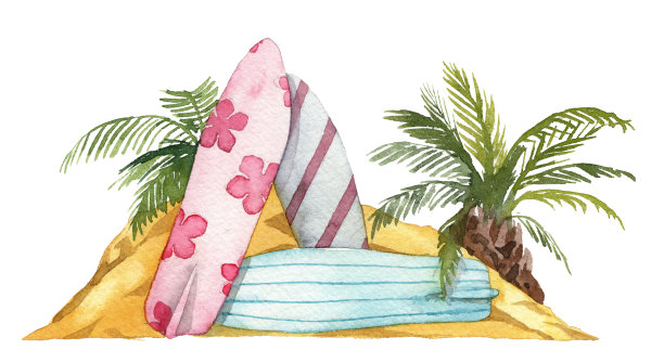 沙滩上堆着棕榈树和冲浪板。水彩夏季插图图片下载