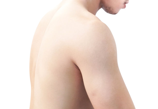 侧面特写，肩和背部的身体男子在白色的背景，保健和医疗概念图片下载