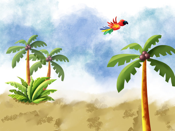热带天堂水彩画背景与棕榈树，沙子和飞行的鹦鹉。图片下载