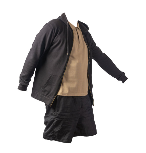 运动衫与铁拉链帽衫，衬衫和运动短裤孤立的白色背景。休闲运动服装图片下载