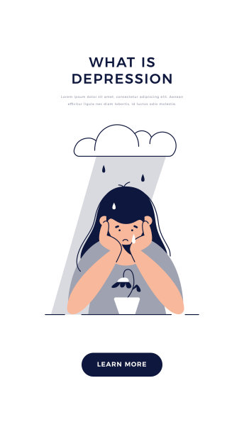 抑郁症banner：悲伤的青少年女孩，对悲伤的事件感到忧郁、绝望，用于网页设计的心理障碍、抑郁症、心理疾病概念。扁平矢量插图图片下载