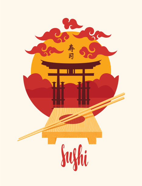 寿司横幅与托盘，筷子和牌坊图片下载