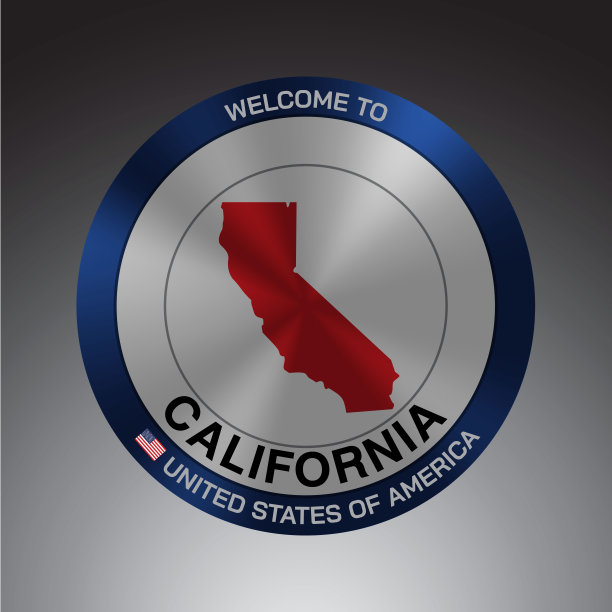 标志盾风格的美国与信息，加州和红色地图上灰色背景矢量艺术图像插图。图片下载