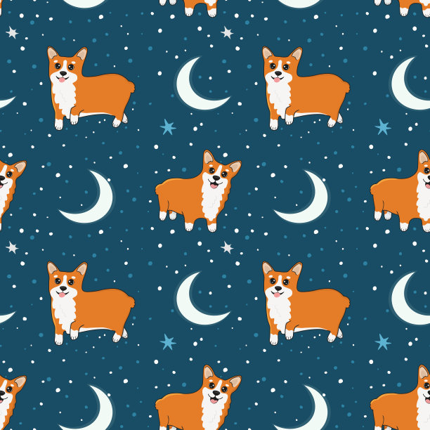无缝图案与可爱的柯基和月亮与星星。卡通设计动物角色平面矢量风格。婴儿纹理织物，包装，纺织品，墙纸，服装。图片下载