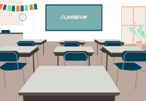 教室内部空，有板桌、旗子、桌椅图片下载