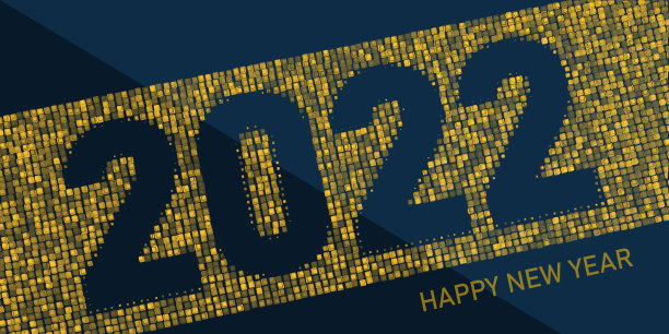 3D插图背景2022由孤立在蓝色上的金色立方体构造。未来假日旗帜。图片下载