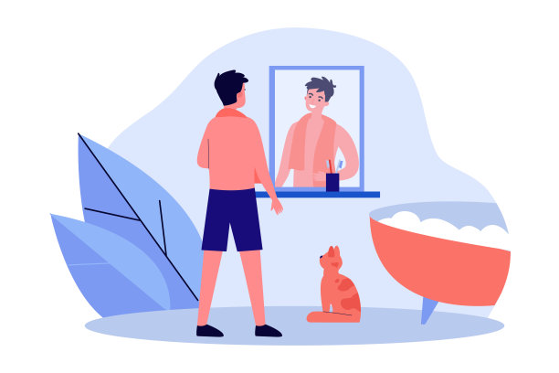 浴室里微笑的男人照镜子图片下载