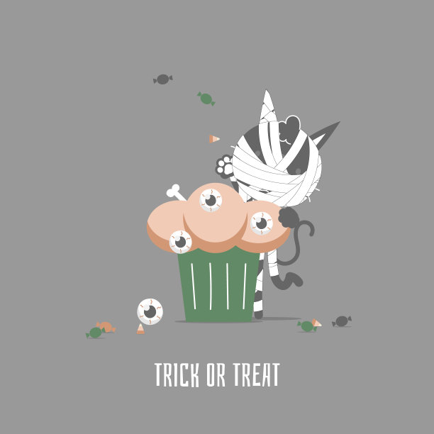 万圣节快乐，可爱的妈咪猫和眼球纸杯蛋糕图片下载