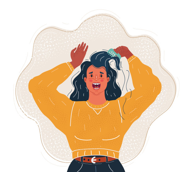 矢量插图心烦年轻女子有问题与她的头发。梳子上松散的卷发图片下载