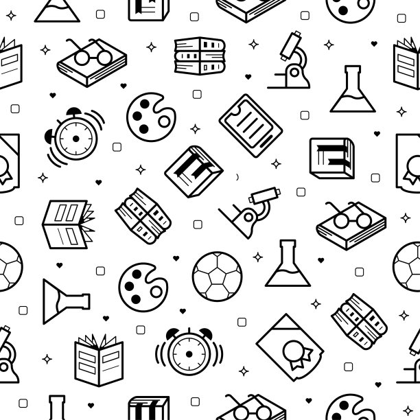 无缝图案元素手绘集合大学学校学习矢量设计风格背景等级教育学习书籍烧瓶显微镜羽毛文凭球时钟插图图标图片下载