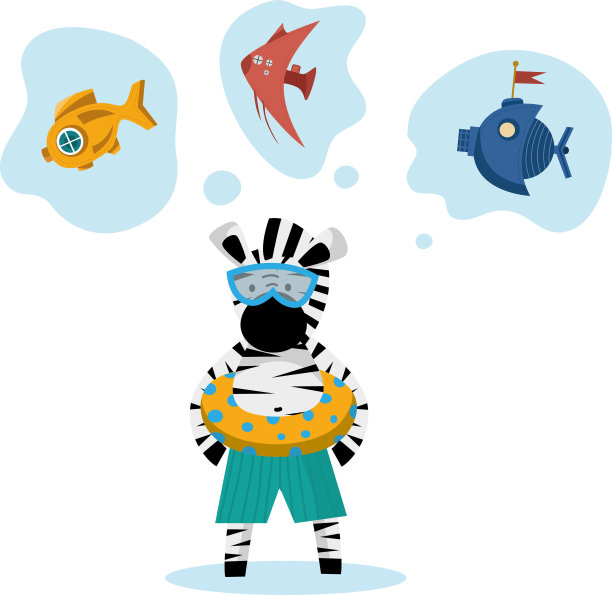 斑马戴着游泳圈和泳镜去游泳。可爱的动物角色的孩子，卡通剪辑艺术孤立的白色。矢量图图片下载