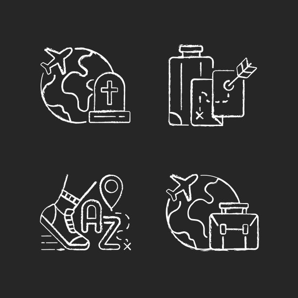 旅游粉笔白色图标设置在黑暗的背景图片下载