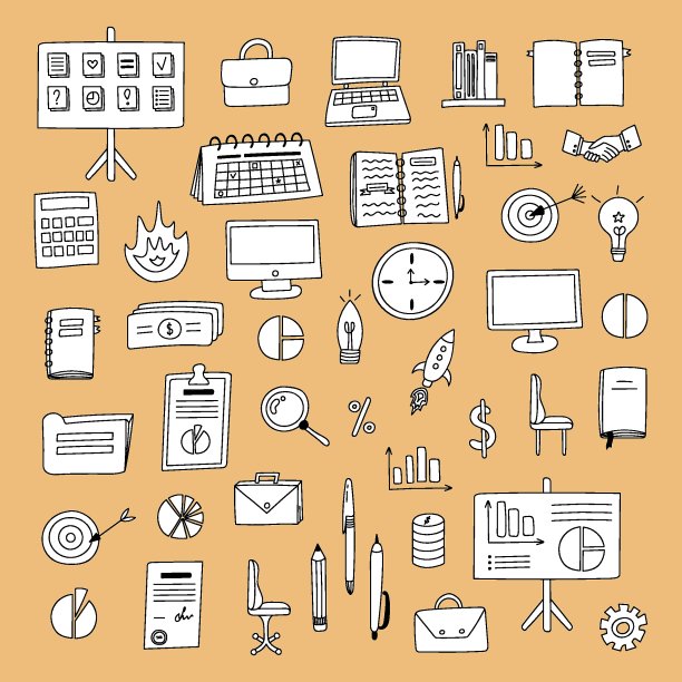 大企业设置与卡通风格的彩色手绘剪贴画。矢量插图孤立的背景。公文包。灯，钱和财务，笔记本电脑，电脑，计划，日历等。图片下载