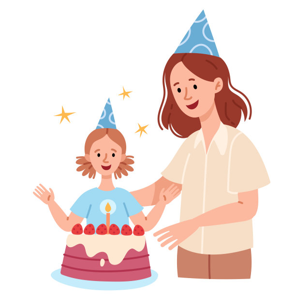 母亲和女儿庆祝生日。快乐的孩子们的节日。女孩吹灭蛋糕上的蜡烛。头上戴着欢快的帽子。图片下载